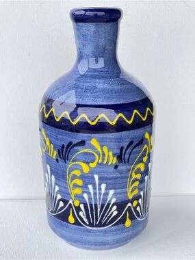 Hnos Pedraza Hand Painted Blue Yellow White Ceramic Bottle Vase Spain